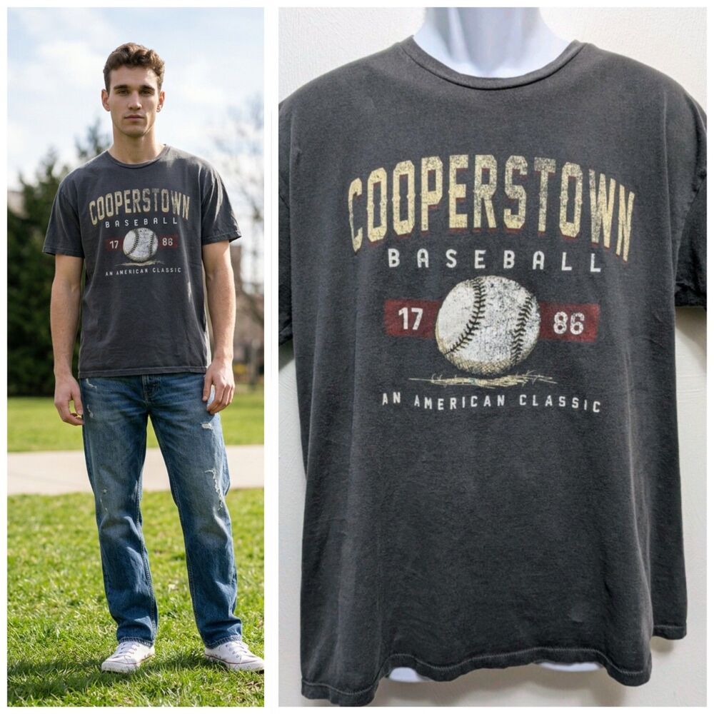 Baseball Cooperstown Large T Shirt Unisex Gray 100% Cotton Soft Everyday Wear